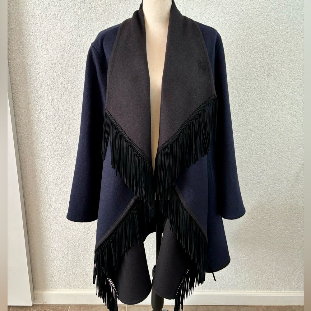 Sofia Cashmere navy and black fringe trim coat